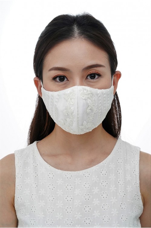 Ear Loop - Symmetrical Beaded White Lace Mask