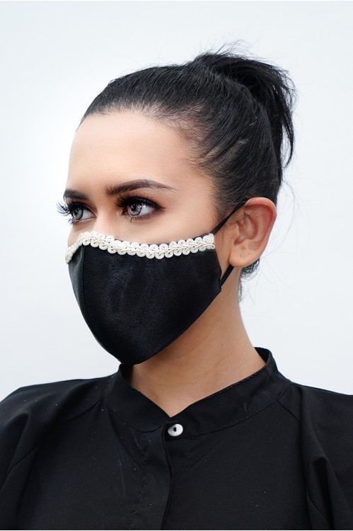 Ear Loop - Lace Trim Satin Mask (Black)