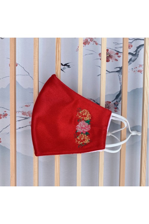 Ear Loop - Embroidered Peony Mask (Red)