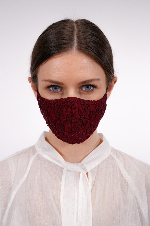 Ear Loop - Sequined Lace Mask (Maroon)