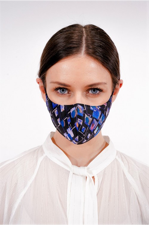 Ear Loop - Printed Silk Mask (Black/Blue)