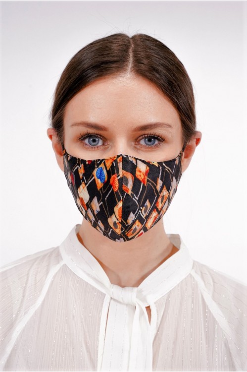Ear Loop - Printed Silk Mask (Black/Orange)