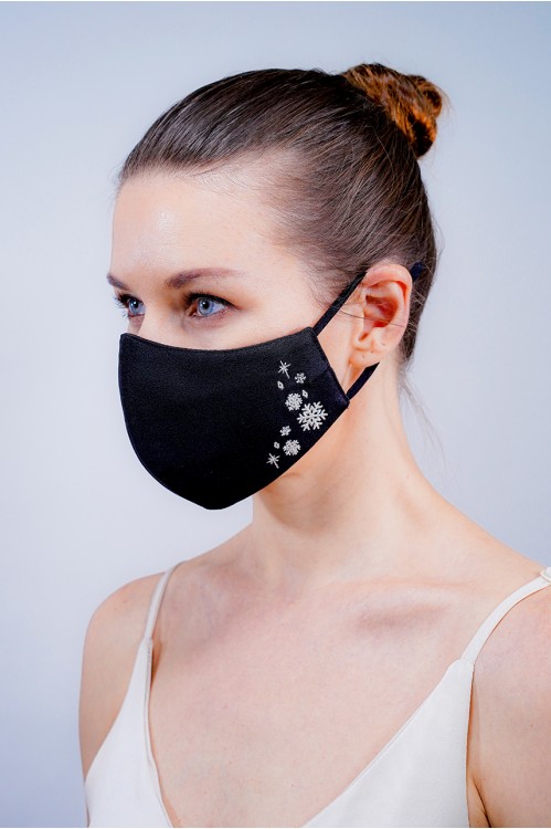 Ear Loop - Snowflake Embroidered Mask (Black)